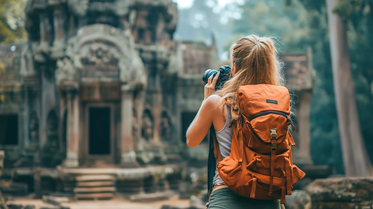 Reise-Influencerin erstellt Content an den Tempelruinen in Sukhothai, Thailand mit Kameraausrüstung vor historischer Kulisse bei warmem Wetter.